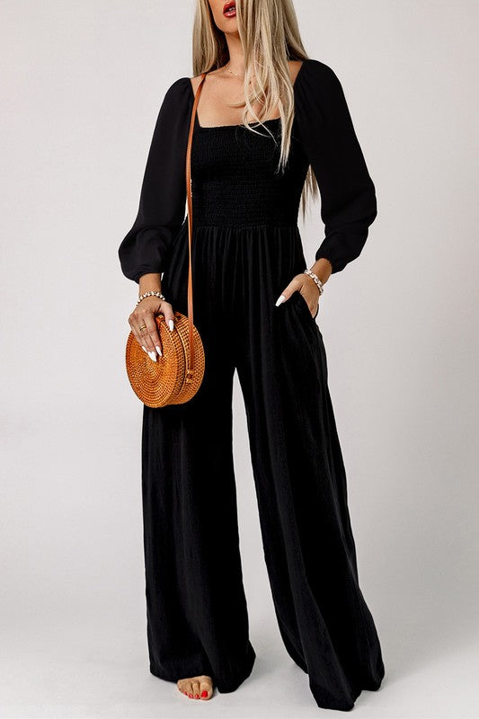 Smocked Square Neck Wide Leg Jumpsuit