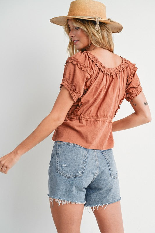 Ruffled Drawstring Button Front Cropped Top