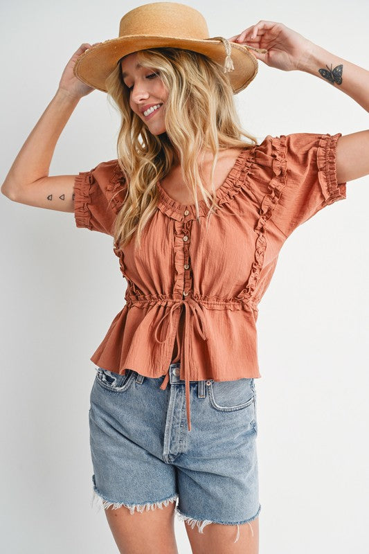 Ruffled Drawstring Button Front Cropped Top