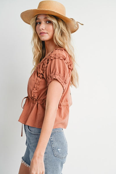 Ruffled Drawstring Button Front Cropped Top
