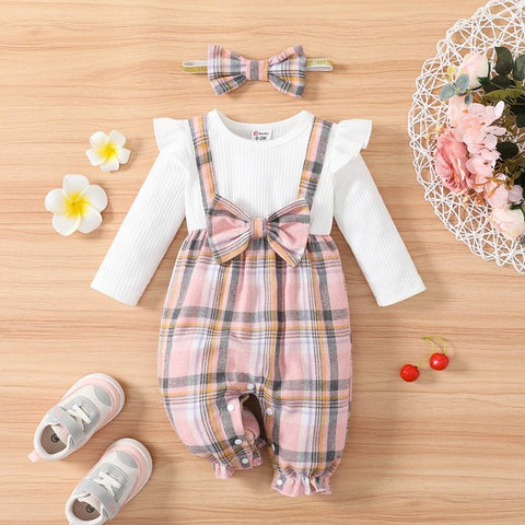 Baby Girl Plaid & Trim Front Jumpsuit with Headband