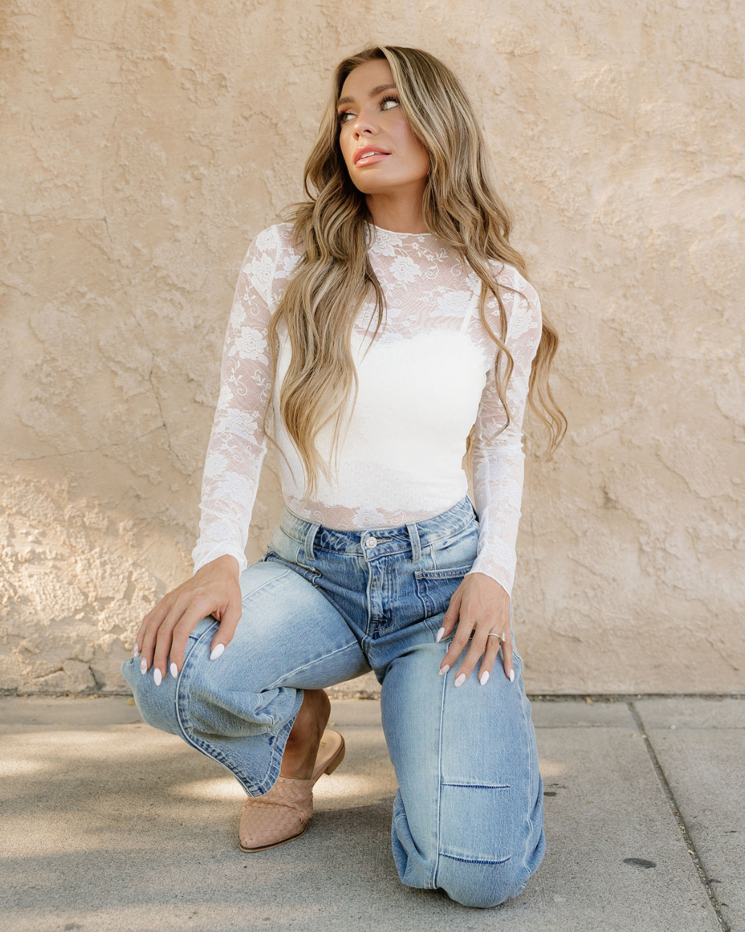 White Mock Neck Floral Lace Mesh Long Sleeve Top - White