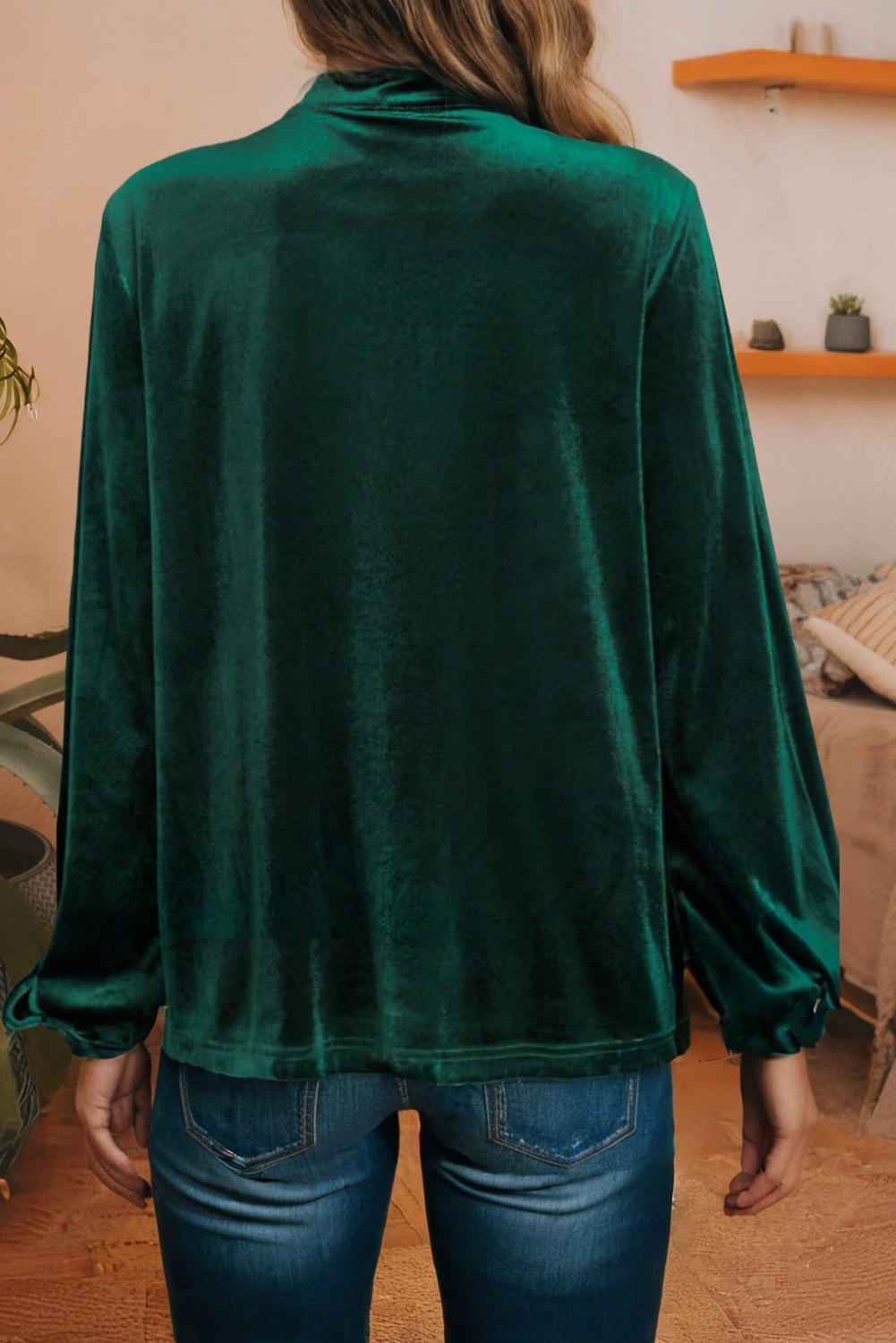 Asymmetric Button Keyhole Neck Long Sleeve Velvet Blouse