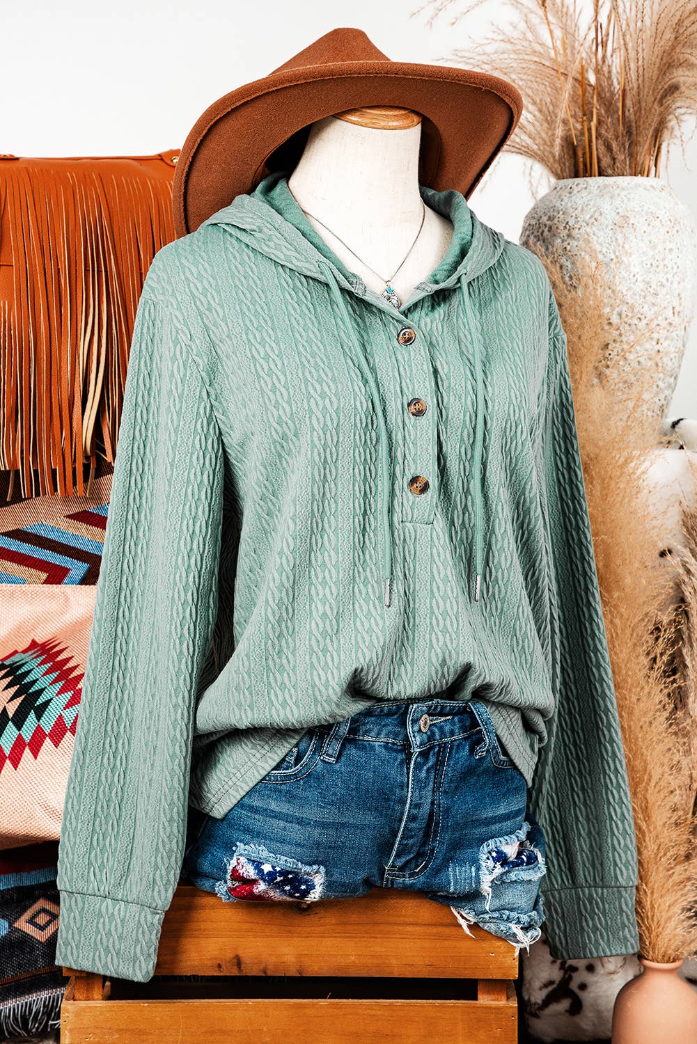 Button Front Textured Drawstring Hoodie