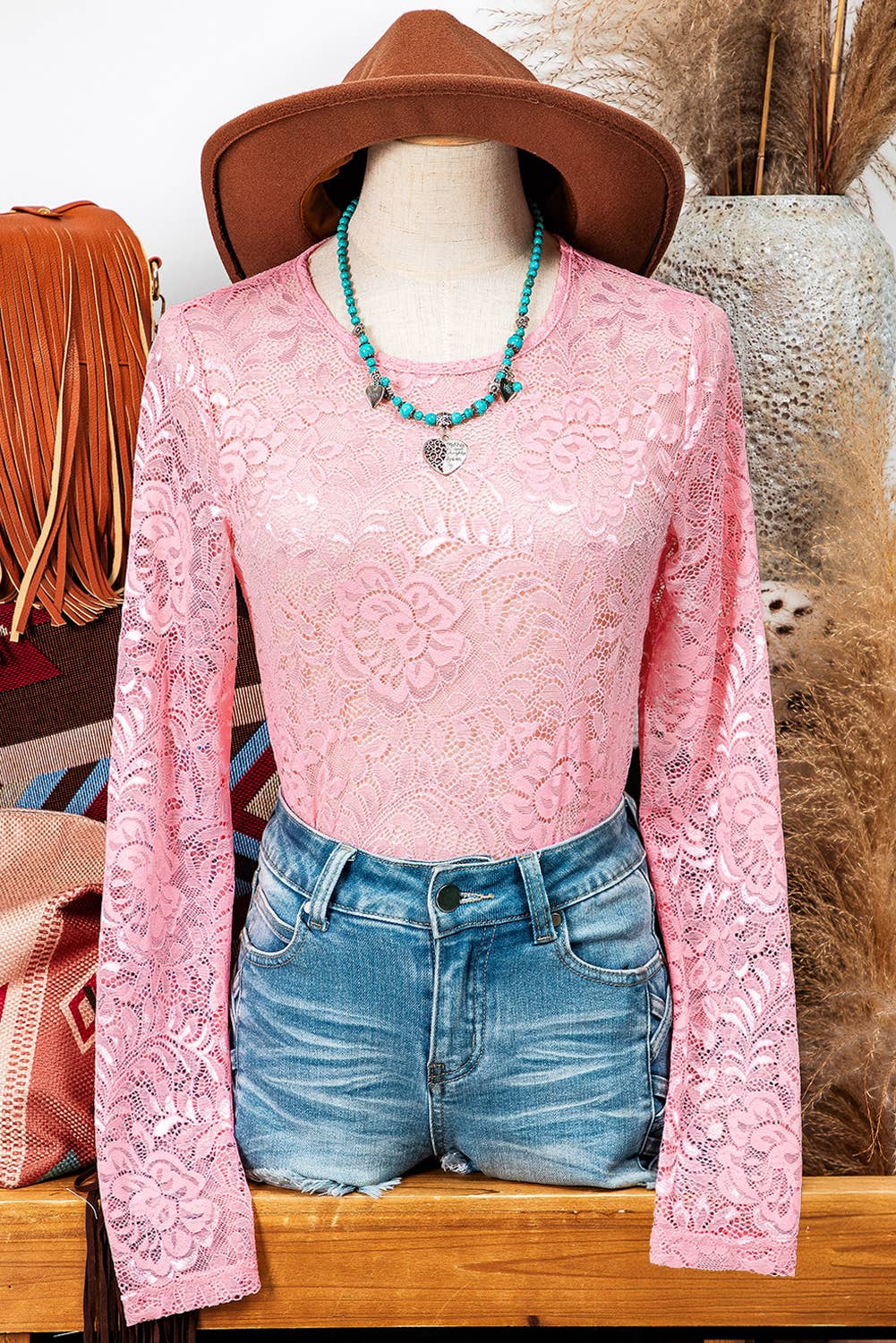 Fashion-W Floral Lace Sheer Long Sleeve Top