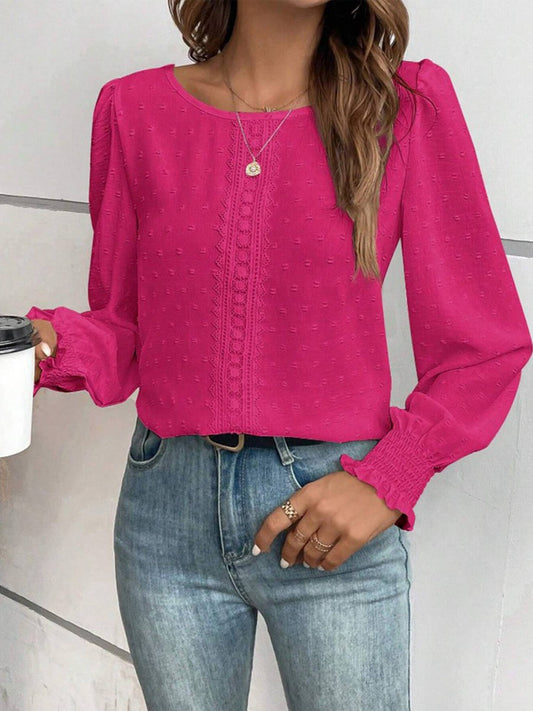 Round Neck Lace Solid Color Blouse