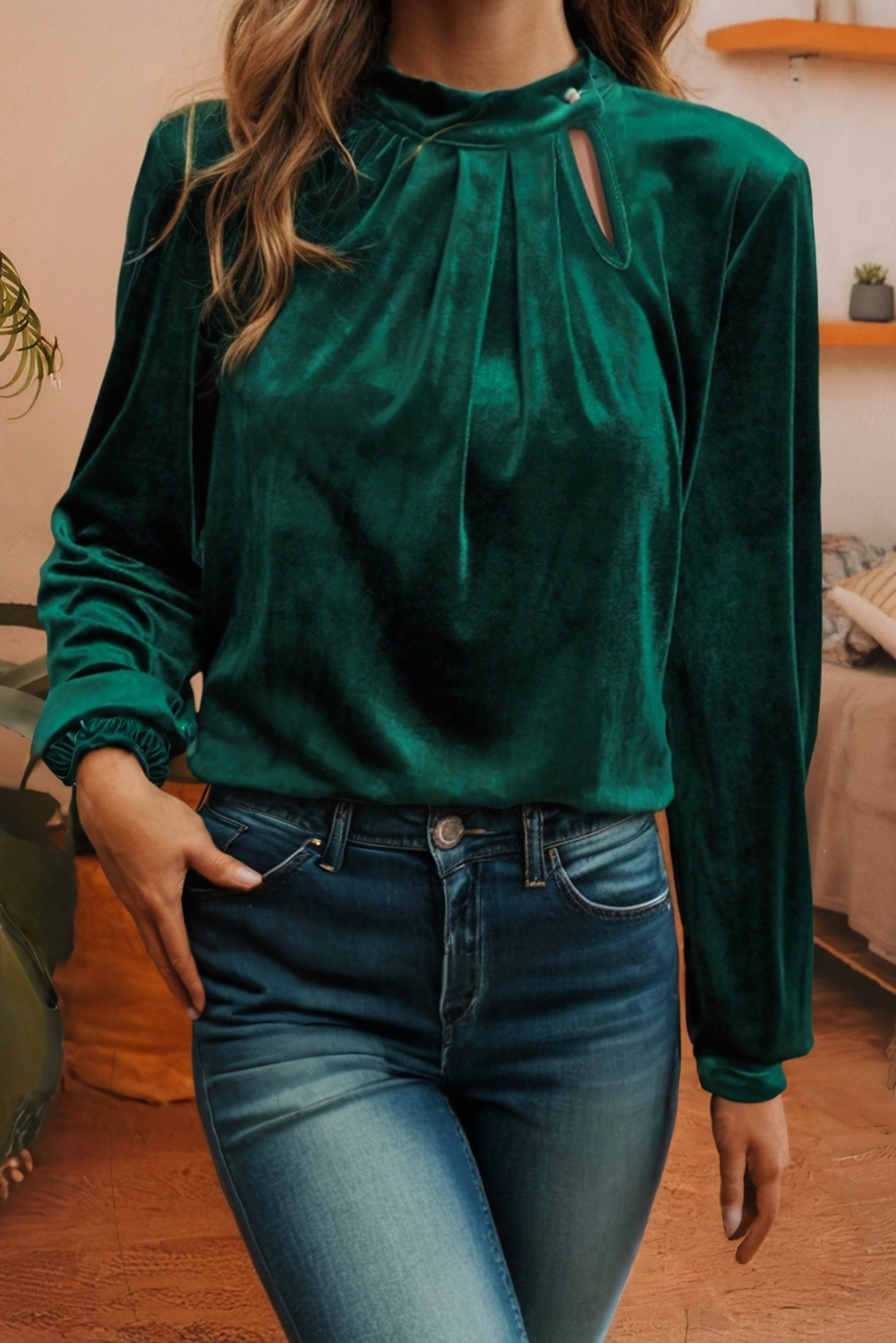 Asymmetric Button Keyhole Neck Long Sleeve Velvet Blouse