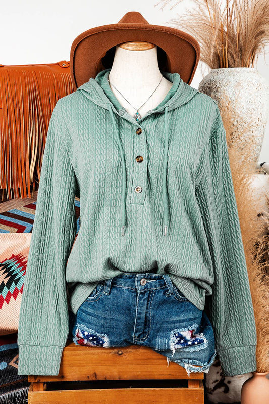 Button Front Textured Drawstring Hoodie