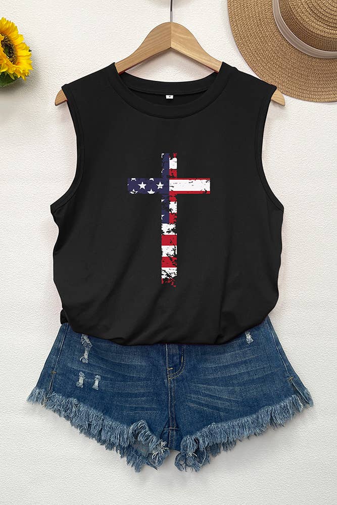 USA Flag Cross Christian Print Graphic Tank Top STC125D50