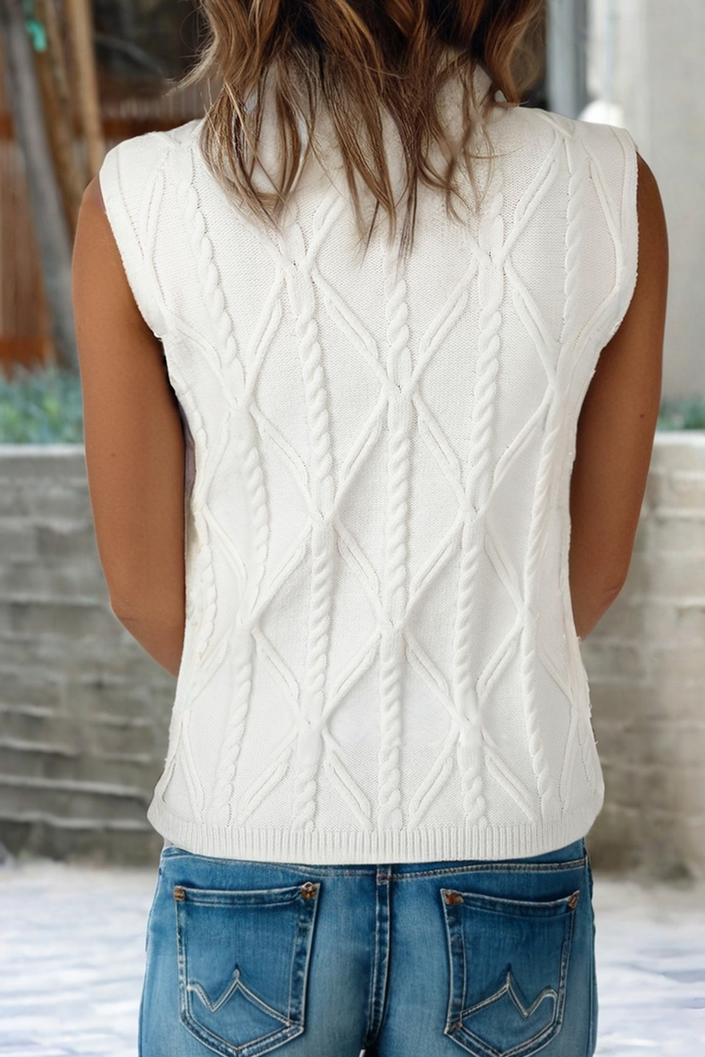 Pearled High Neck Textured Knit Sweater Vest