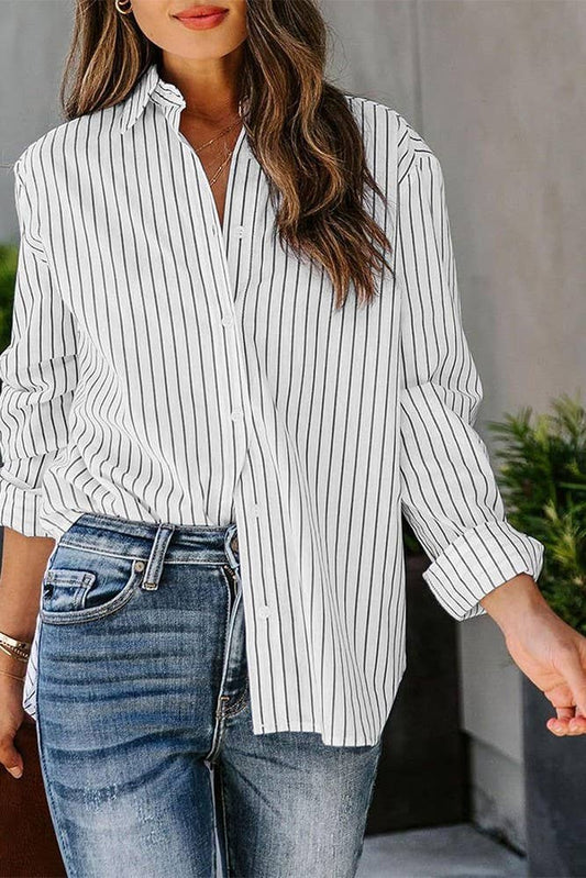 Striped Open Button Long Sleeves Blouse Shirt