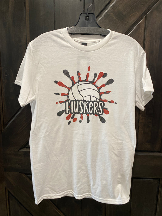 "Huskers" Volleyball Glitter Graphic T-Shirt - Adult