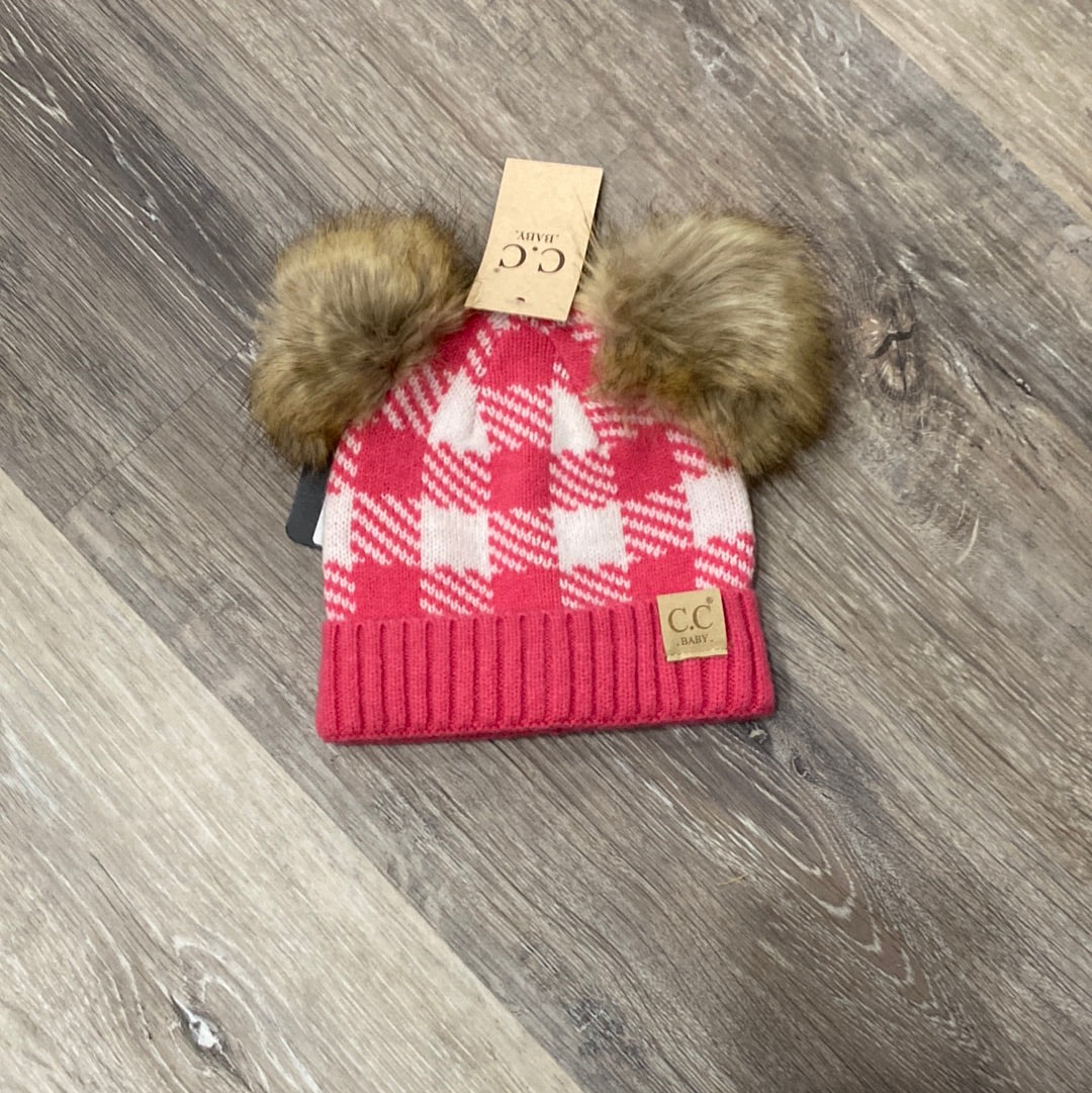 CC Baby Plaid Double Pom Beanie