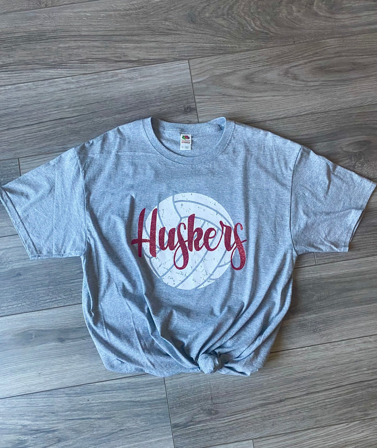 "Huskers" Distressed Volleyball Tee with Glitter Detail