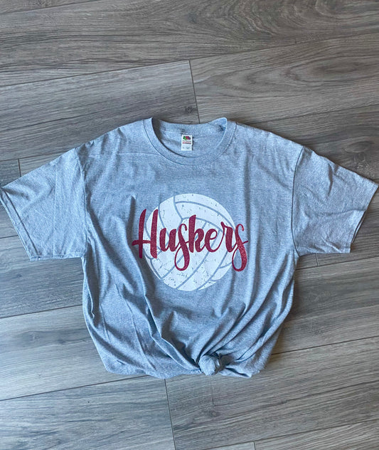 "Huskers" Distressed Volleyball Tee with Glitter Detail