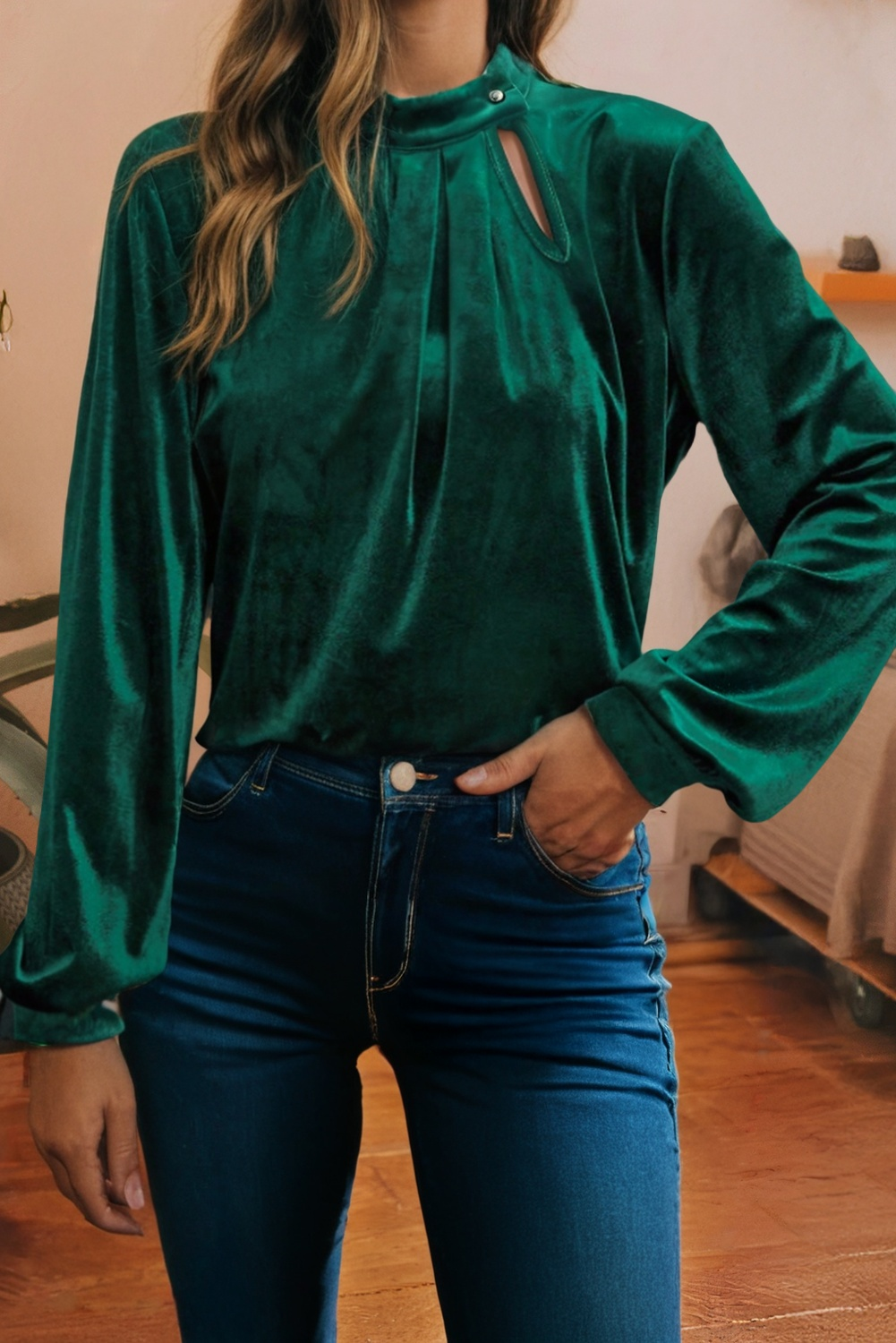Asymmetric Button Keyhole Neck Long Sleeve Velvet Blouse