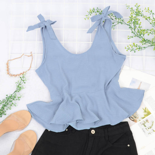 Sleeveless Peplum Tank Top with Tie Shoulder Straps