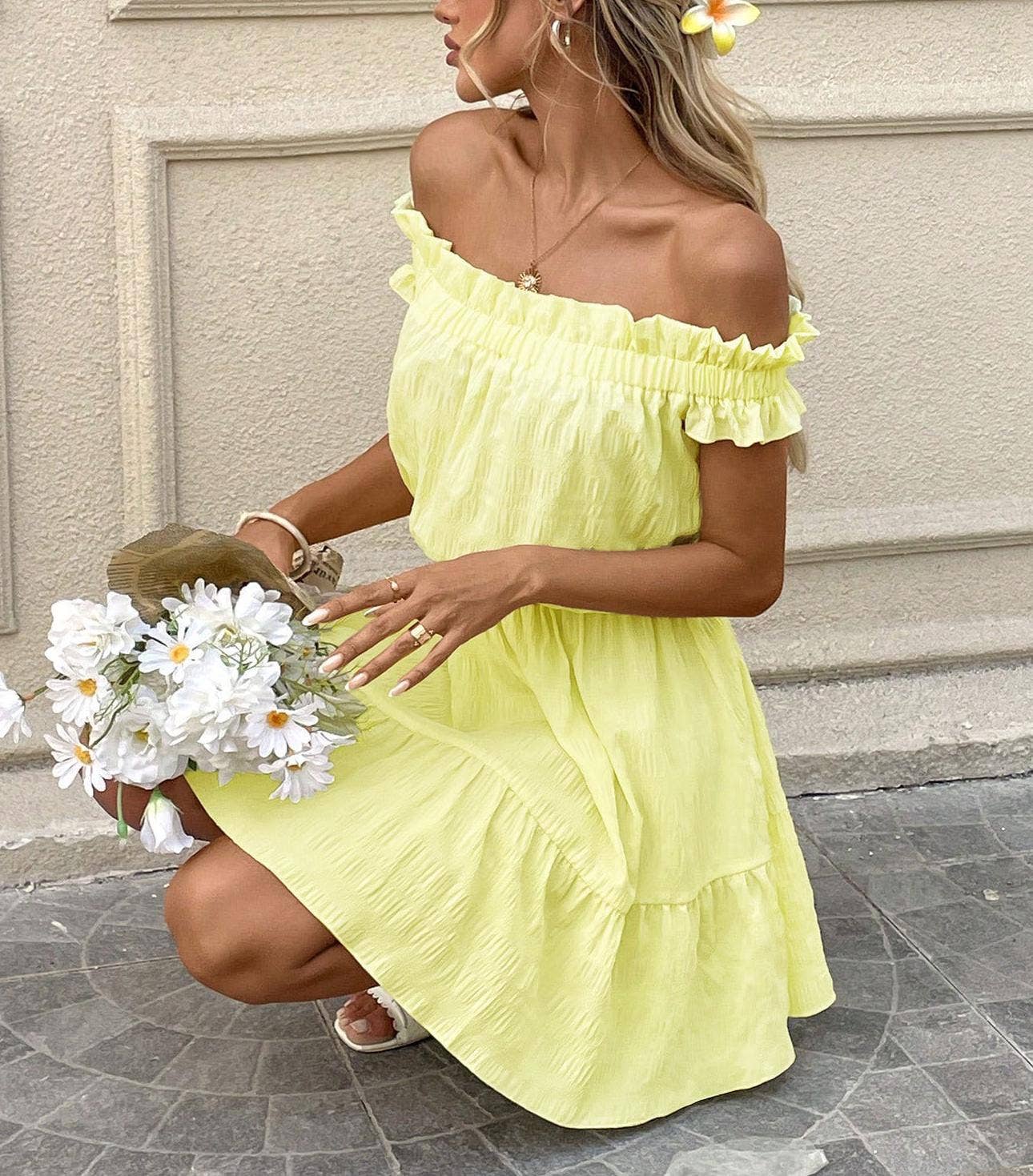 Off Shoulder Ruffle Tiered Mini Dress
