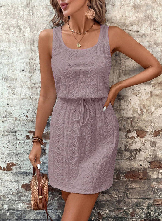 Square Neck Drawstring Sleeveless Lace Dress