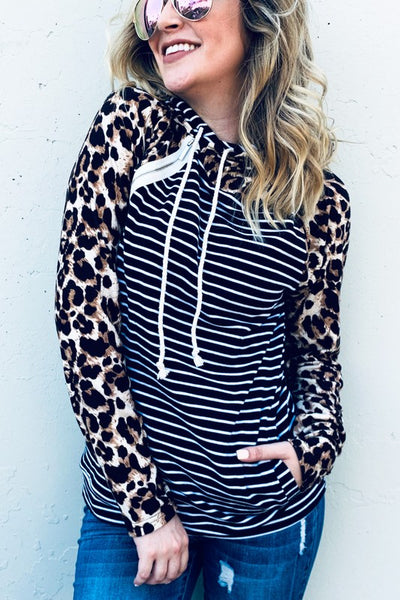 Leopard Stripe Hood with Side Zipper Hoodie