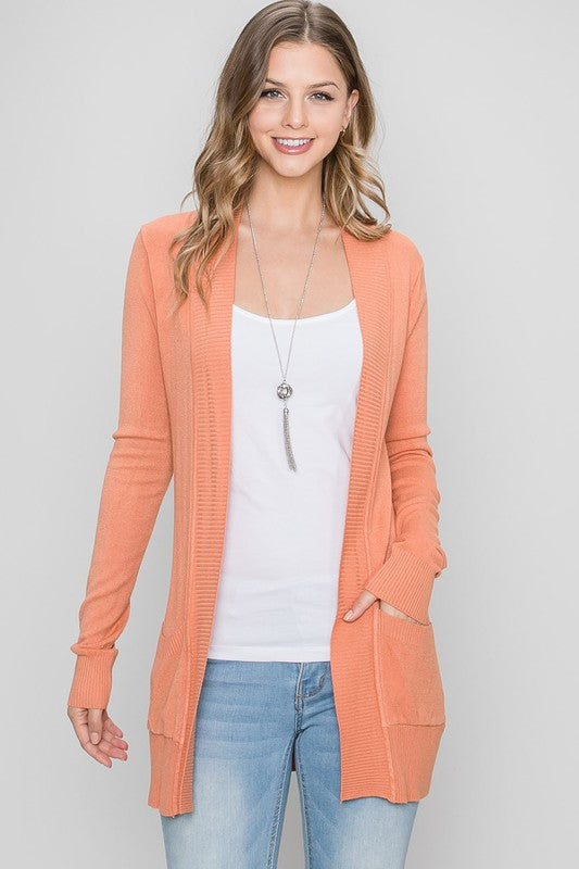 Solid Open Front Cardigan with Pockets