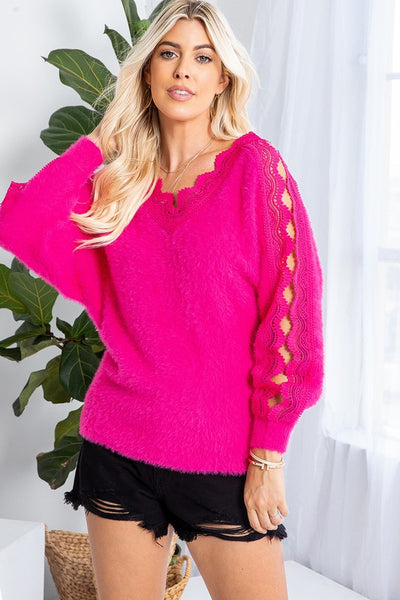 Round Neck Sweater with Crochet Lace Detailing