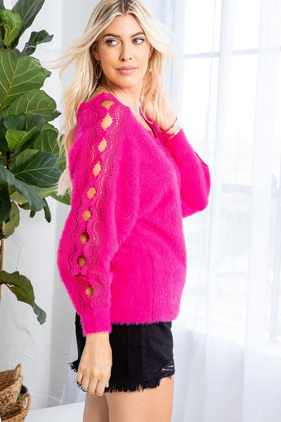 Round Neck Sweater with Crochet Lace Detailing