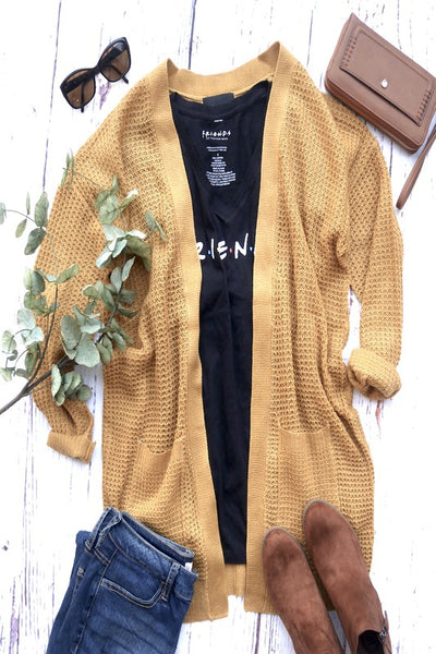 Waffle Knit Thigh Length Cardigan with Pockets
