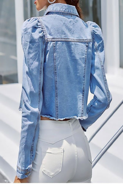 Crop Denim Jacket with Ruched Long Sleeve