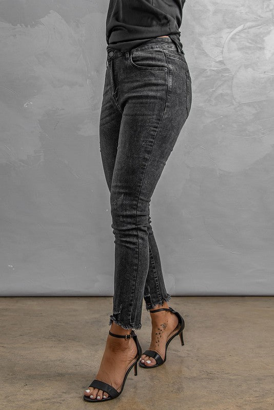 High Rise Frayed Ankle Skinny Jeans