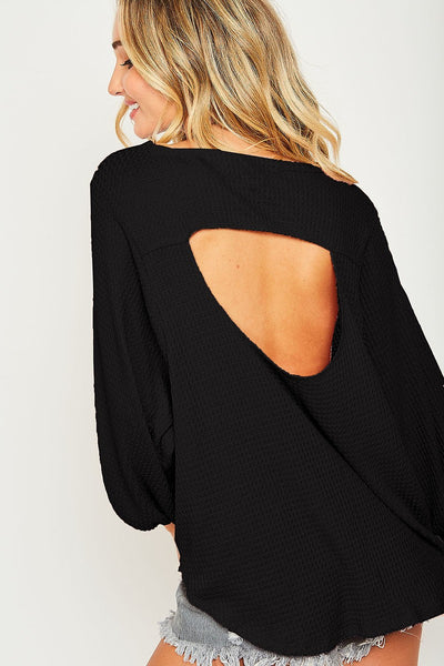 Solid Waffle Back Cutout Knit Top