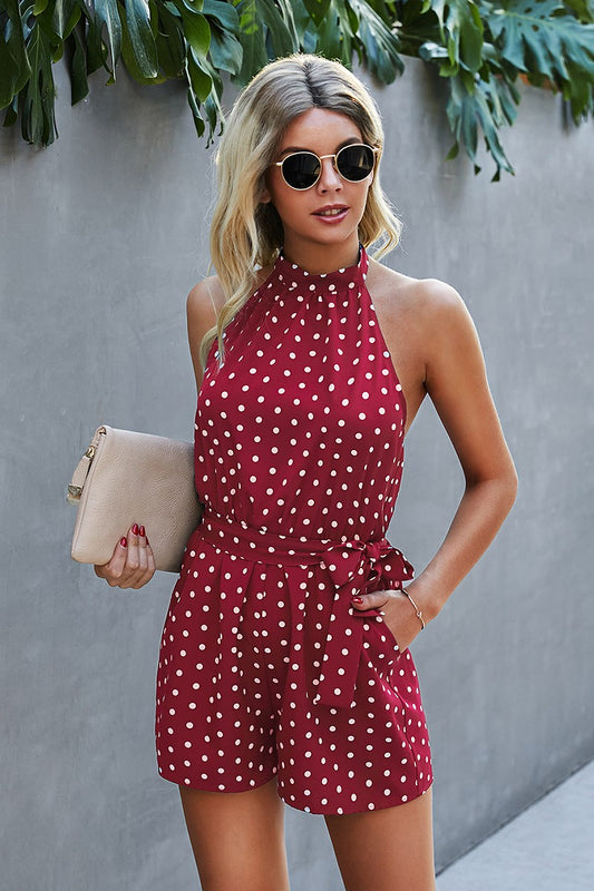 Sleeveless Polka Dot Romper with Detached Waist Tie
