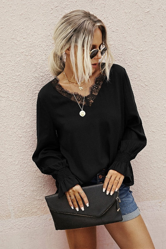 V-Neck Top with Lace Detail