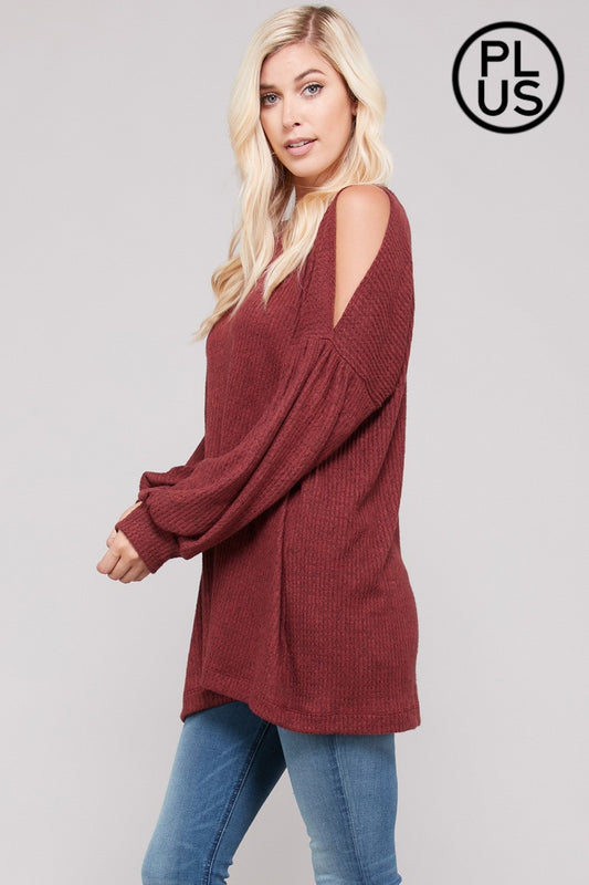 Cold Shoulder Bubble Sleeve Waffle Top PLUS