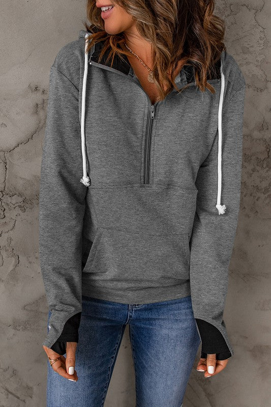 Half Zip Thumbhole Sleeve Hoodie