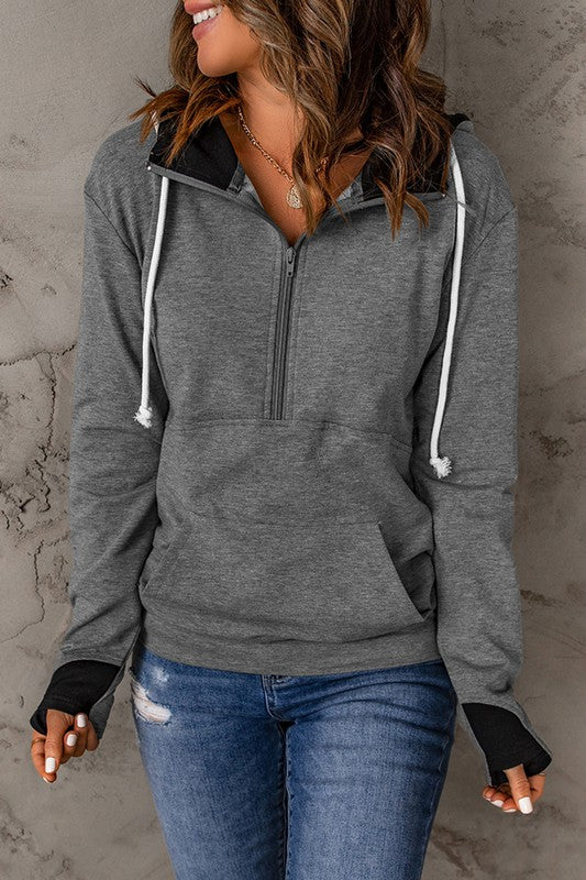 Half Zip Thumbhole Sleeve Hoodie