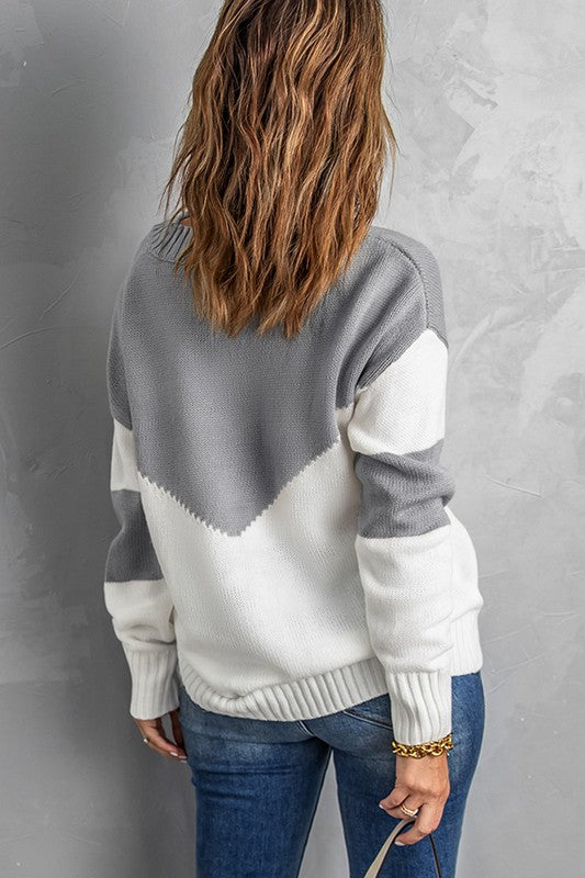 Ribbed V-Neck Color Block Pullover